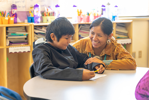 Indigenous Navajo Cheerful teacher checking her student progress