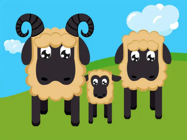 Vector illustration of Geometric stylized sheep family in cartoon colorful valley