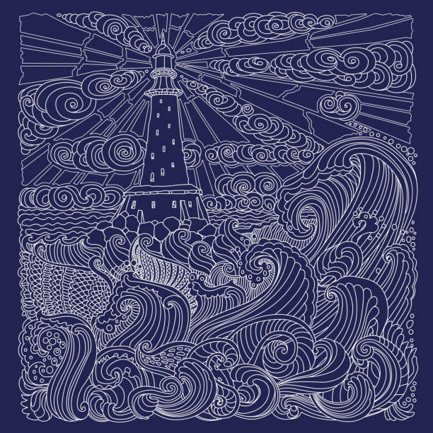 ilustrações de stock, clip art, desenhos animados e ícones de vector line art, ocean waves, sea island, lighthouse tower. white doodle on a dark blue background - paintings landscape fairy tale painted image