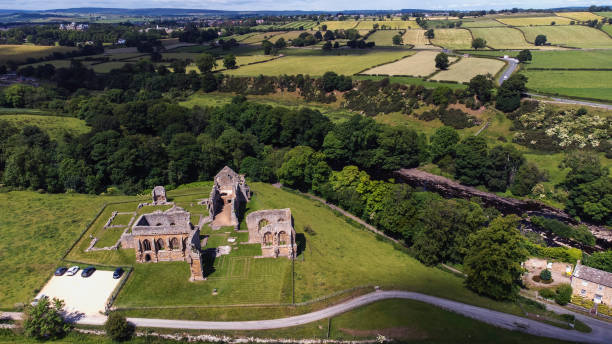 An aerial view of the ruins of Egglestone Abbey near Barnard Castle in County Durham, UK stock photo