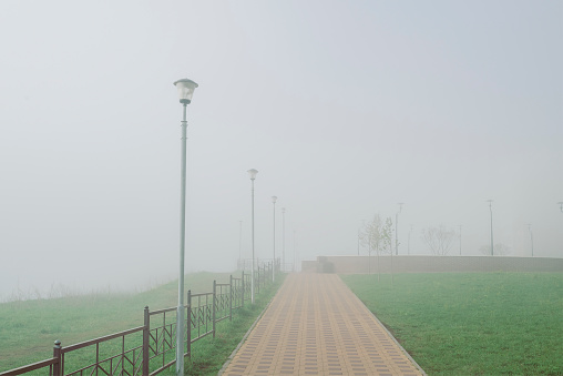 Morning gray fog in the park with paving slabs and green grass with the lanterns off.