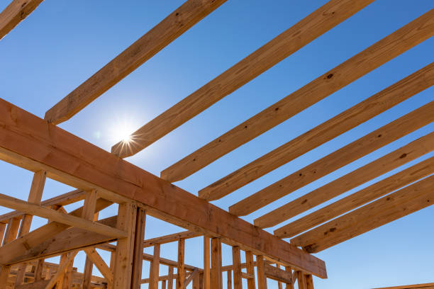 New home construction, view of roof beams in place stock photo