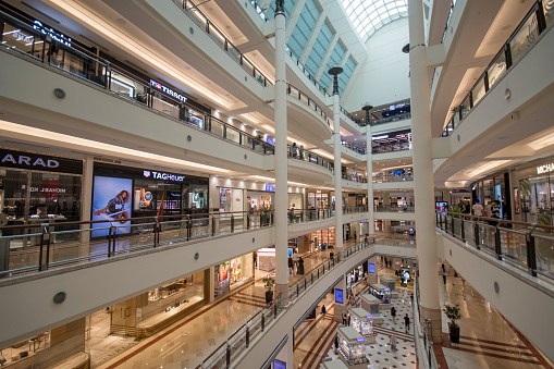 Kuala Lumpur, Malaysia - Jun 7, 2022: Interior shot of Suria KLCC shopping mall in Kuala Lumpur. Suria KLCC is a 6-story shopping mall located at the foot of the Petronas Twin Towers