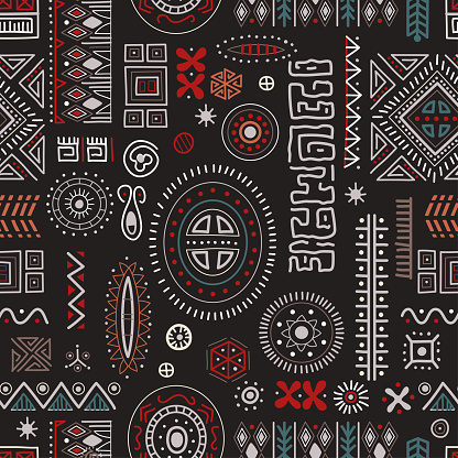 African art decoration pattern tribal geometric shapes seamless background. Colored flat vector boho symbols illustrations. Ancient indian shapes and animal print doodles.