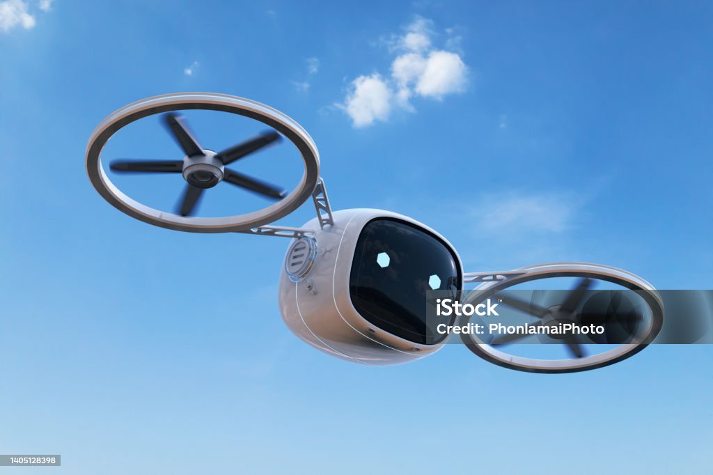 Surveillance robot or drone flying in blue sky 3d rendering surveillance robot or drone with cartoon character flying in blue sky Drone Stock Photo