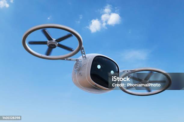 Surveillance Robot Or Drone Flying In Blue Sky Stock Photo - Download Image Now - Drone, Robot, Three Dimensional