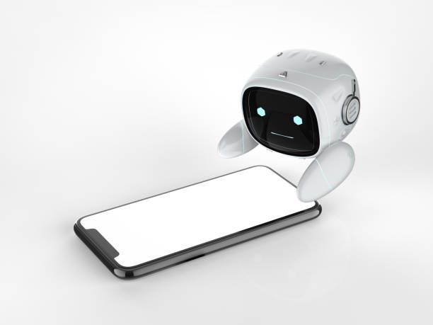 istock Cute assistant artificial intelligence robot no leg with mobile phone 1405128401