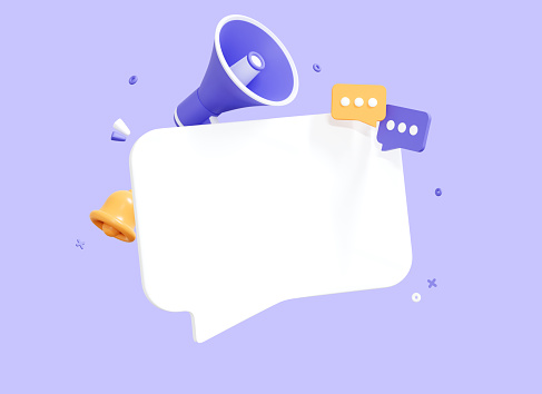 3D Speech bubble message with Megaphone and Bell notification. Subscribe and newsletter concept. Banner template with empty copy space for promotion. Blank Mockup. Reminder popup. 3D Rendering