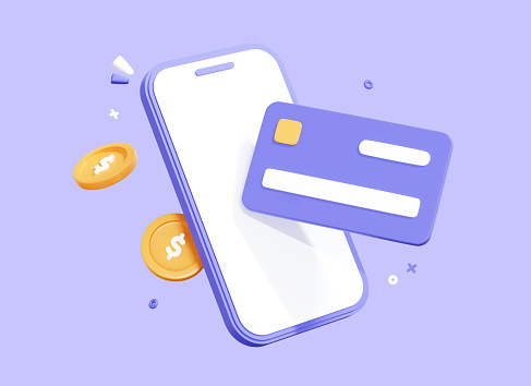 3D Phone with credit card and coin. Online payment concept. Mobile wallet application. Banking app. Transfer money via smartphone. Shopping with wireless pay. Cartoon purple icon. 3D Rendering