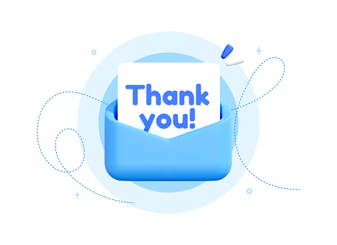 3D Thank you letter in envelope. Thanks email or mail. Order confirmation message. Email marketing concept. Quote message thank you. Cartoon icon isolated on white background. Blue. 3D Rendering