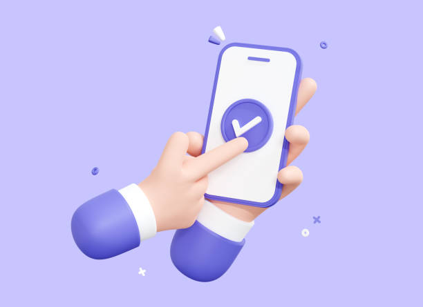 3D Hand holding mobile phone with Check mark. Tick on smartphone screen. Character finger. Completed task, done payment. Business concept. Isolated cartoon icon on purple background. 3D Rendering stock photo