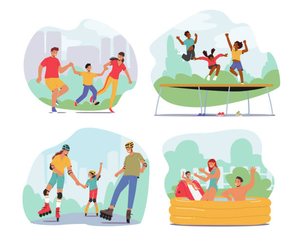 ustaw zajęcia rodzinne, szczęśliwa matka, ojciec i dzieci chodzą, dzieci skaczą na trampolinie. młodzi rodzice i córka - amusement park illustrations stock illustrations