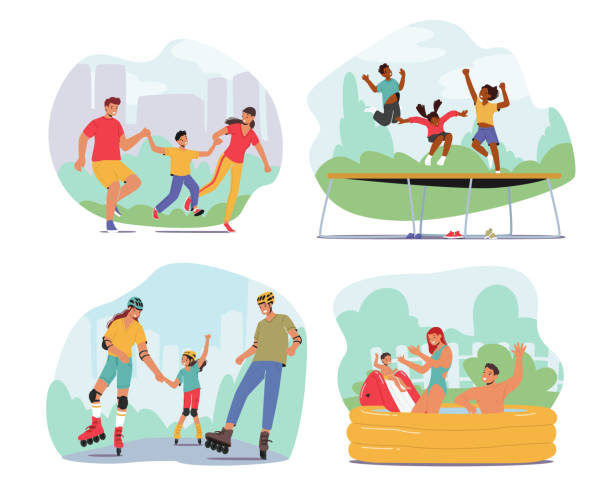 Set Family Activities, Happy Mother, Father And Children Walking, Kids Jumping On Trampoline. Young Parents And Daughter Set Family Activities, Happy Mother, Father And Children Walking In Park, Kids Jumping On Trampoline. Young Parents And Daughter Rollerblading And Swimming In Pool. Cartoon People Vector Illustration family outdoors stock illustrations