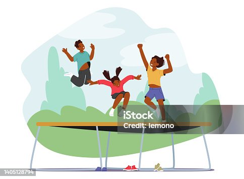 istock Little Kids Jumping and Hopping On Trampoline at Sunny Summer Day. Friends Celebrate Party, Having Fun On Weekend 1405128794