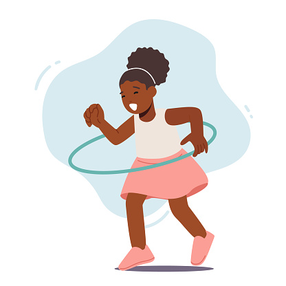 Funny African Girl Playing with Hula Hoop Isolated on White Background. Kid Character Rolling and Spinning Ring around the Waist, Child Happy Recreation, Spare Time. Cartoon People Vector Illustration