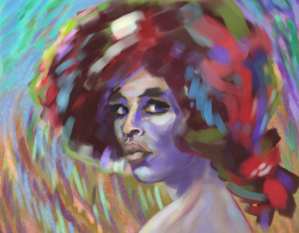 ilustrações de stock, clip art, desenhos animados e ícones de picturesque portrait of a dark-skinned woman in the style of impressionism - blues eyes