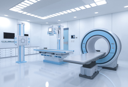 Hospital radiology room with 3d rendering mri scanner and x-ray machine