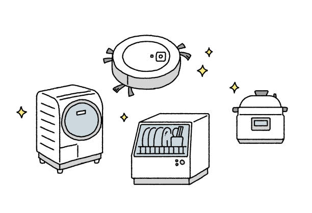 illustrazioni stock, clip art, cartoni animati e icone di tendenza di tocco semplice illustrazione di un set di elettrodomestici che fanno risparmiare tempo lavatrice robot aspirapolvere lavastoviglie - vacuum cleaner illustrations