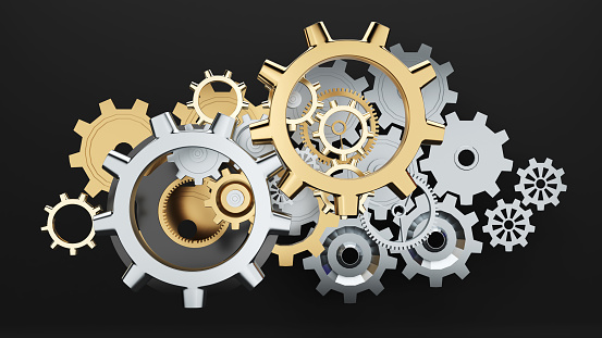 Gold and silver cogwheel abstract background,Systematic working mechanism concept,working of gears,3d rendering