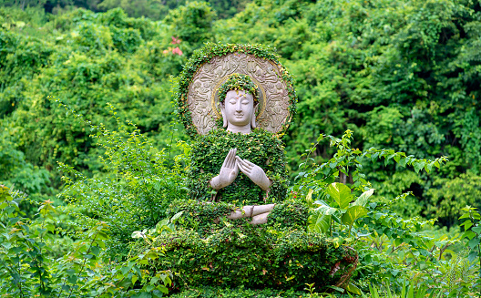 Amazing white Buddha statue in a forest surrounded by green trees, Dharma Park, Khao Na Nai Temple, Surat Thani, Thailand