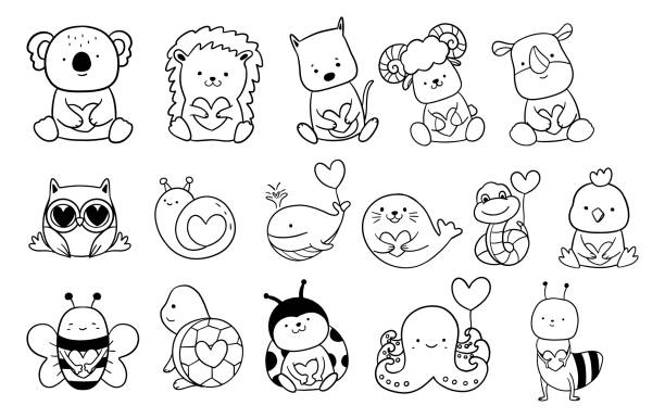 ilustraciones, imágenes clip art, dibujos animados e iconos de stock de 50 animales de dibujos animados con paquete de san valentín, amor gran colección de decorativos, niños de san valentín, personajes de bebés, boda, tarjeta, dibujado a mano, estilo de dibujos animados, vector.vector ilustración - kangaroo animal humor fun