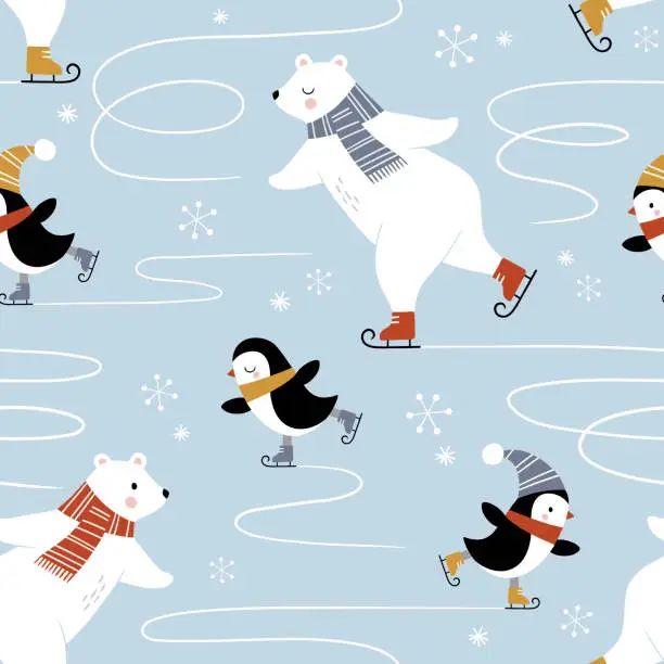 Vector illustration of Ice skating polar bear and penguin pattern.