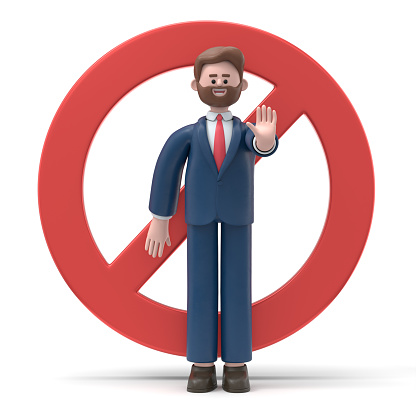 3D Illustration of smiling businessman Bob standing with outstretched hand showing stop sign, preventing you. 3D rendering on white background.