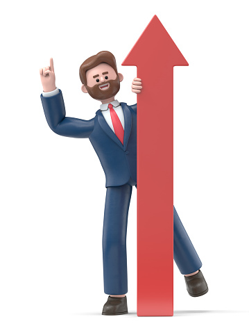 3D Illustration of smiling businessman Bob holding arrow going up, growth, success and achievement concept.business man push hand up and upward arrow ,success business concept.