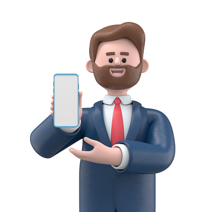 3D Illustration of smiling businessman Bob holding smartphone and showing blank screen. Cute cartoon smiling confident demonstrating empty display phone.3D rendering on white background.