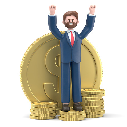 3D Illustration of smiling businessman Bob standing on the stack of gold coins and throwing his hands up in the air. Successful investor or entrepreneur. Financial consulting, good investment and savings concept.