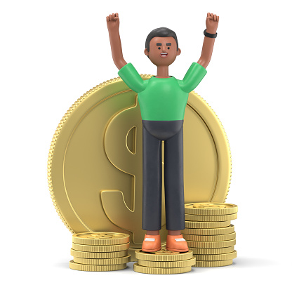 3D illustration of smiling african american man David standing on the stack of gold coins and throwing his hands up in the air. Successful investor or entrepreneur. Financial consulting, good investment and savings concept.