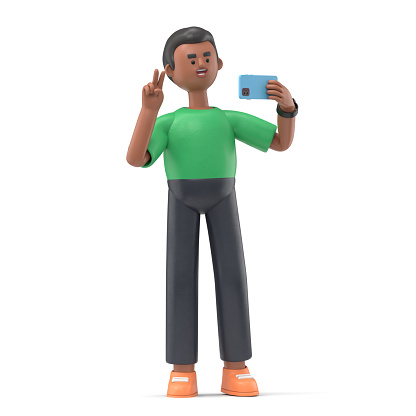 3D illustration of smiling african american man David in headphones make video call or selfie by smartphone and show victory sign. 3D rendering on white background.
