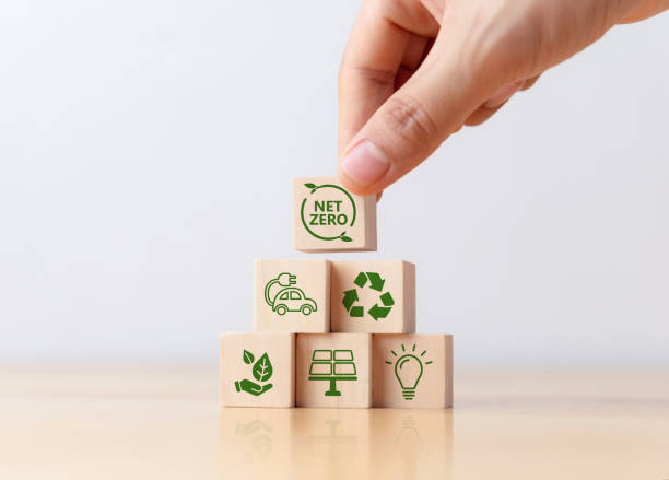 Hand puts wooden cubes with Net Zero icon on table. stock photo