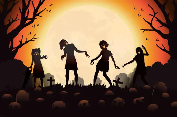 Vector illustration of Zombie girls at a graveyard which many skulls on the floor in the full moon night. Halloween theme background. Evil spirit.