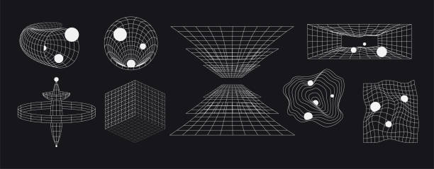 선이있는 추상적 인 미래 지향적 인 기하학적 모양 집합. 레트로는 양식 격자에 공간 모양을 설정합니다. - 와이어 프레임 모델 stock illustrations