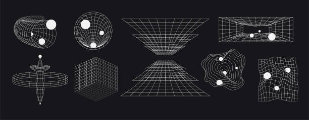 zestaw abstrakcyjnych futurystycznych kształtów geometrycznych z liniami. retro ustaw kształty przestrzeni w siatce formularzy. - czarna dziura stock illustrations