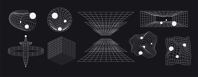 Set of abstract futuristic geometric shapes with lines. Retro set space shapes in form grid.