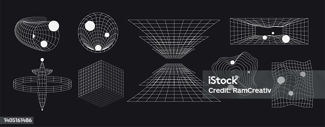 istock Set of abstract futuristic geometric shapes with lines. Retro set space shapes in form grid. 1405161486