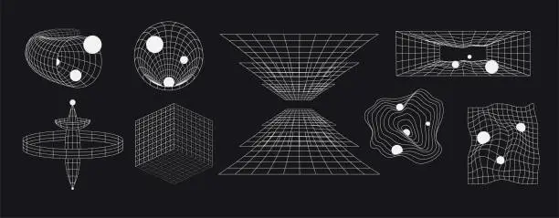 Vector illustration of Set of abstract futuristic geometric shapes with lines. Retro set space shapes in form grid.