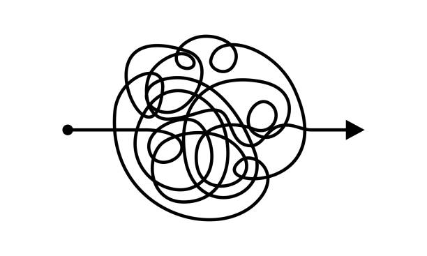bildbanksillustrationer, clip art samt tecknat material och ikoner med circle tangled line, complex knot rests in straight line isolated vector illustration - stökig