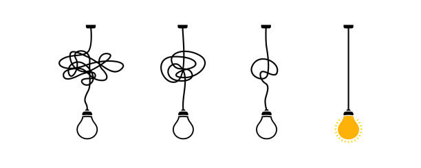 illustrazioni stock, clip art, cartoni animati e icone di tendenza di processo complicato complesso soluzione facile, semplificare il problema, districare il nodo del pasticcio in linea semplice, modo giusto più semplice, vettore concettuale di buona idea - 4814