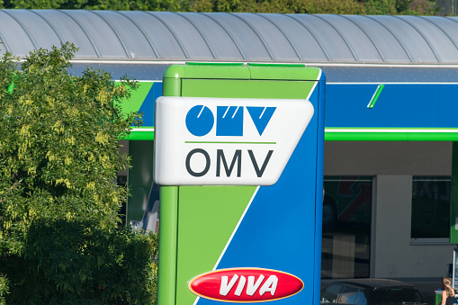 Bratislava, Slovakia - May 31, 2022: Logo of OMV on gas station. OMV (English: Austrian Mineral Oil Administration Stock Company).