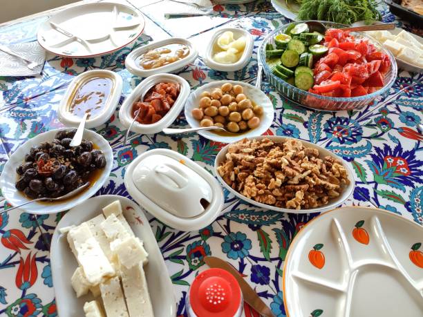 istock Traditional turkish breakfast with walnut tomato jam cheese olive dill at Istanbul turkey 1405166407