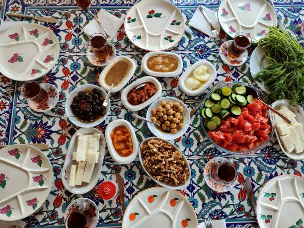 istock Traditional turkish breakfast with walnut tomato jam cheese olive dill at Istanbul turkey 1405166413
