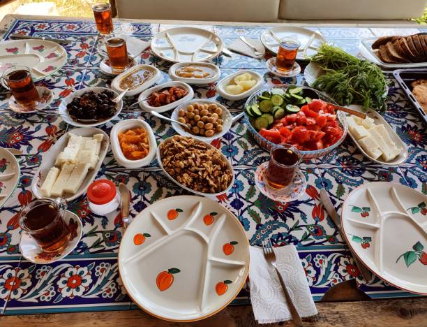 istock Traditional turkish breakfast with walnut tomato jam cheese olive dill at Istanbul turkey 1405166423