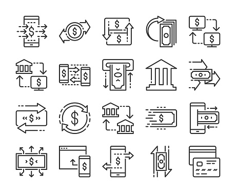 Financial transactions icons. Money transfers line icon set. Editable Stroke.