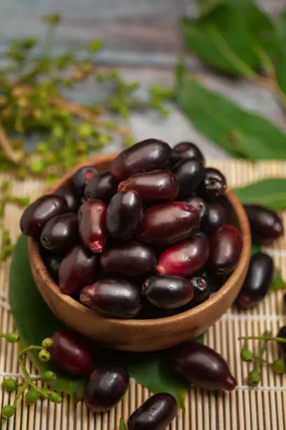 Close-Up of collection of Indian Ayurvedic medicinal fresh organic fruit jamun (Syzygium Cumini) ( jamun seeds are kind of Ayurvedic herb for diabetes)"r"n