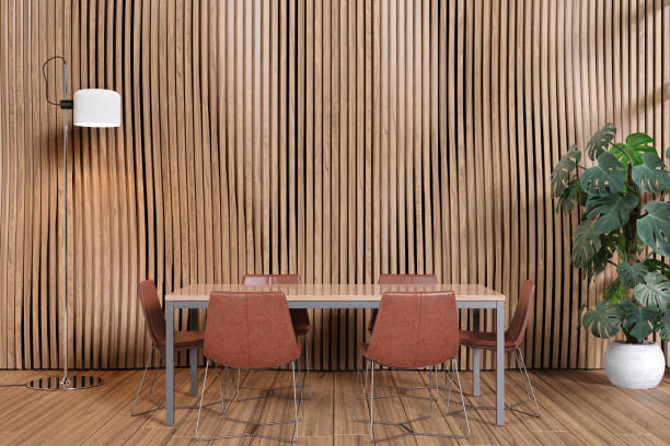 istock 3d rendered office room with wood floor and decorative wood panel. 1405168848