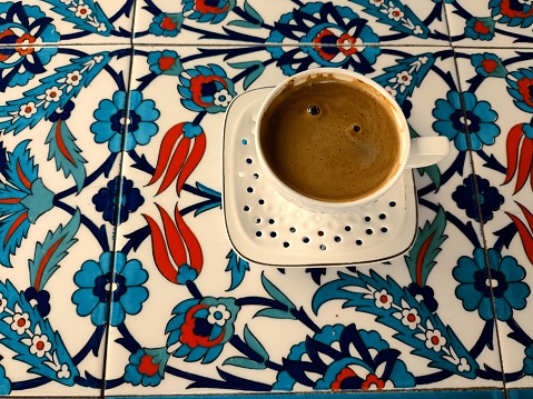 Traditional turkish coffee on tiled top table in Sakarya turkey