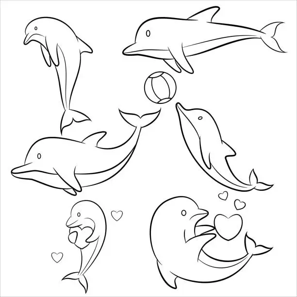 Vector illustration of dolphin from the sea Black line art vector Hand drawn illustration isolated on white